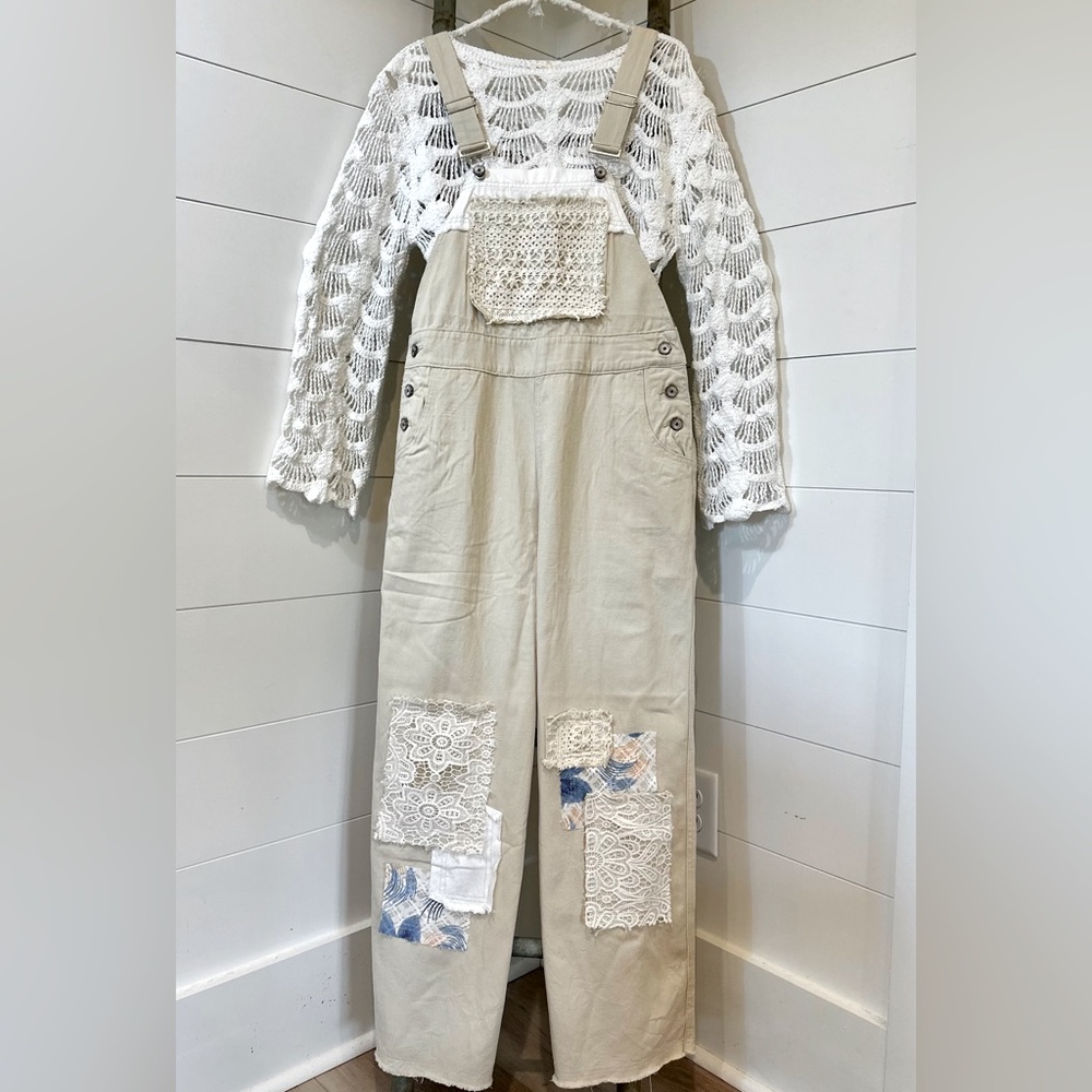 NEW POL: “The Lana” Beige patchwork overalls.